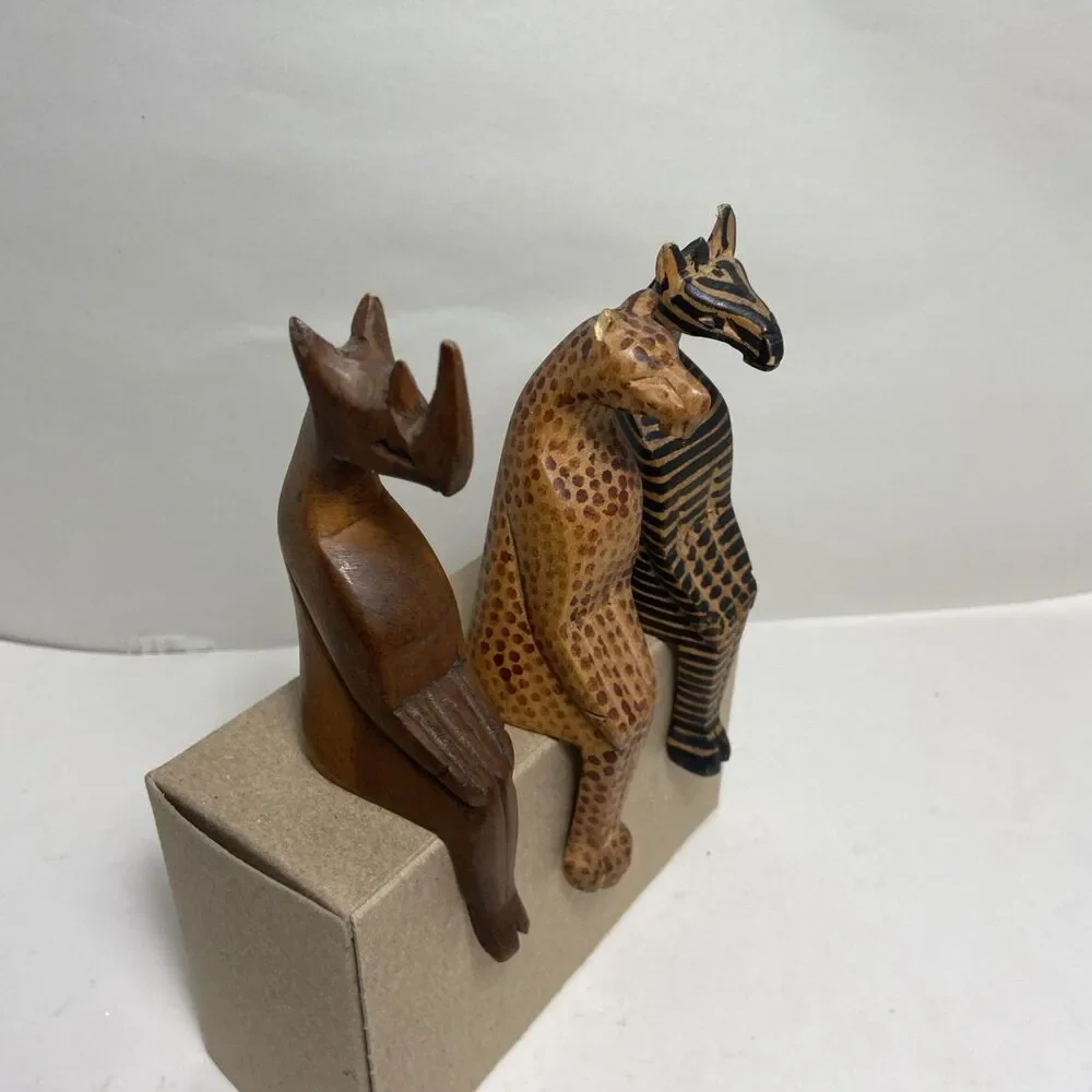 Handcarved Wooden Zoo Animal Shelf Sitters Lot of 3 Zebra Cheetah Rhino 6